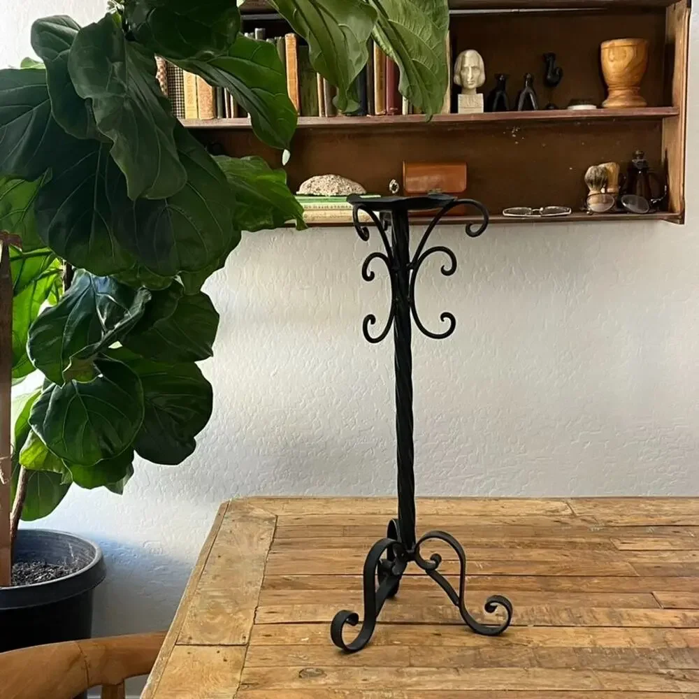 Vintage Black Metal Scroll Candle Holders Stand
